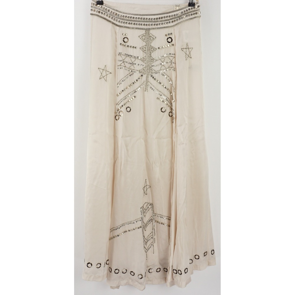 New Non Sense Women's Size 36 Washed Ivory Satin Sequined Hook & Bar Maxi Skirt